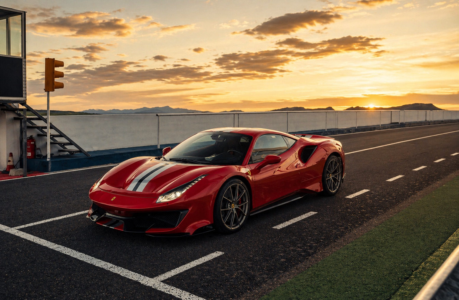 Ferrari on the Formula 1 track at sunset